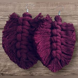 Burgundy Macrame Fringe Leaf Earrings approx 3x3”